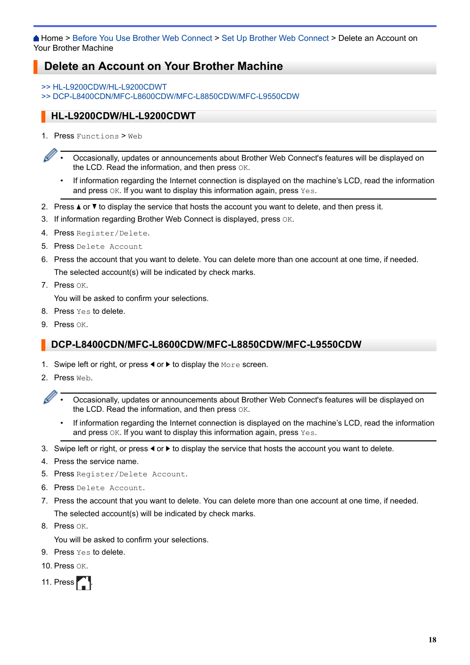 Delete an account on your brother machine | Brother MFC-L8850CDW User Manual | Page 23 / 61