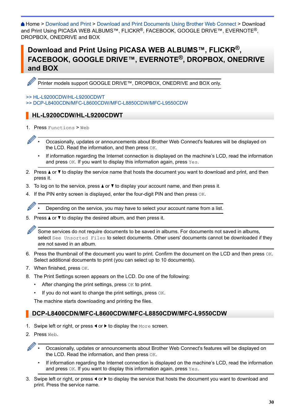 Facebook, google, Drive™, evernote, Dropbox, onedrive and box | Facebook, google drive, Evernote | Brother MFC-L8850CDW User Manual | Page 35 / 61