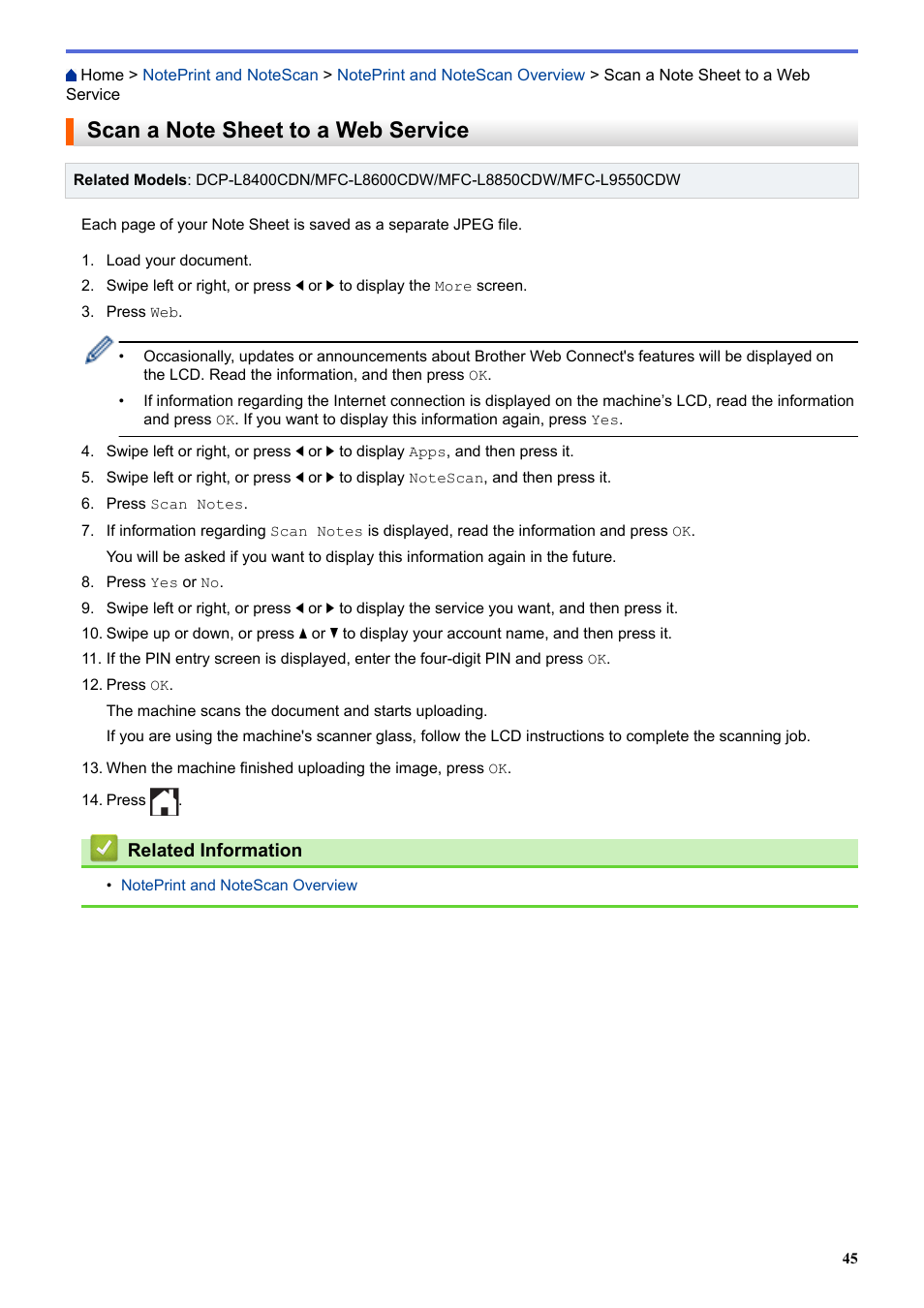 Scan a note sheet to a web service | Brother MFC-L8850CDW User Manual | Page 50 / 61