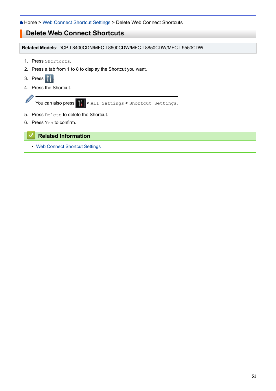 Delete web connect shortcuts | Brother MFC-L8850CDW User Manual | Page 56 / 61