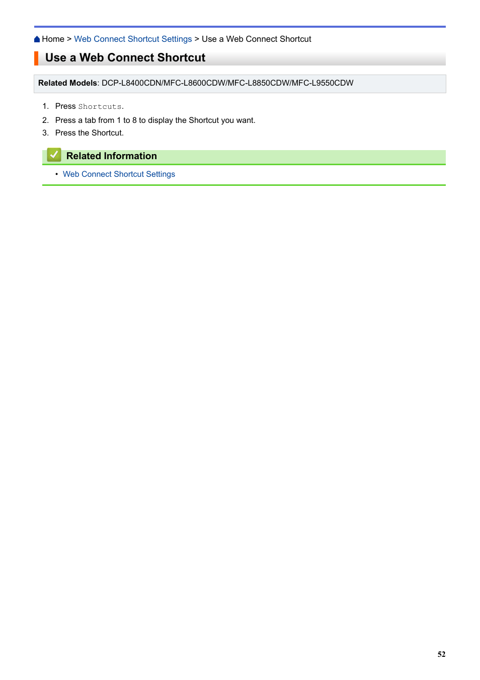 Use a web connect shortcut | Brother MFC-L8850CDW User Manual | Page 57 / 61