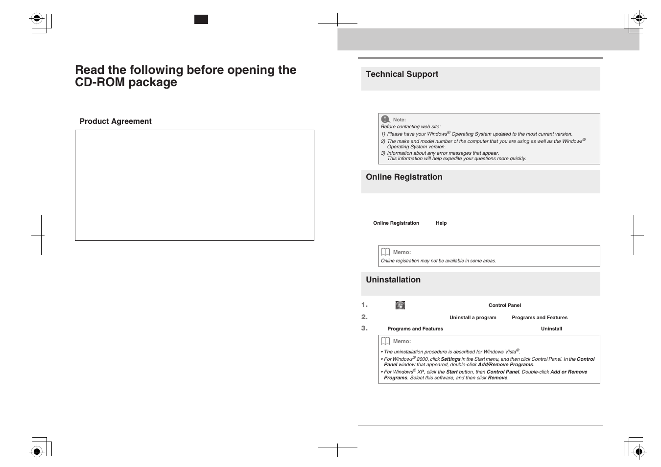 Technical support, Online registration, Uninstallation | Product agreement, Before use | Brother PE-DESIGN 8 User Manual | Page 2 / 16