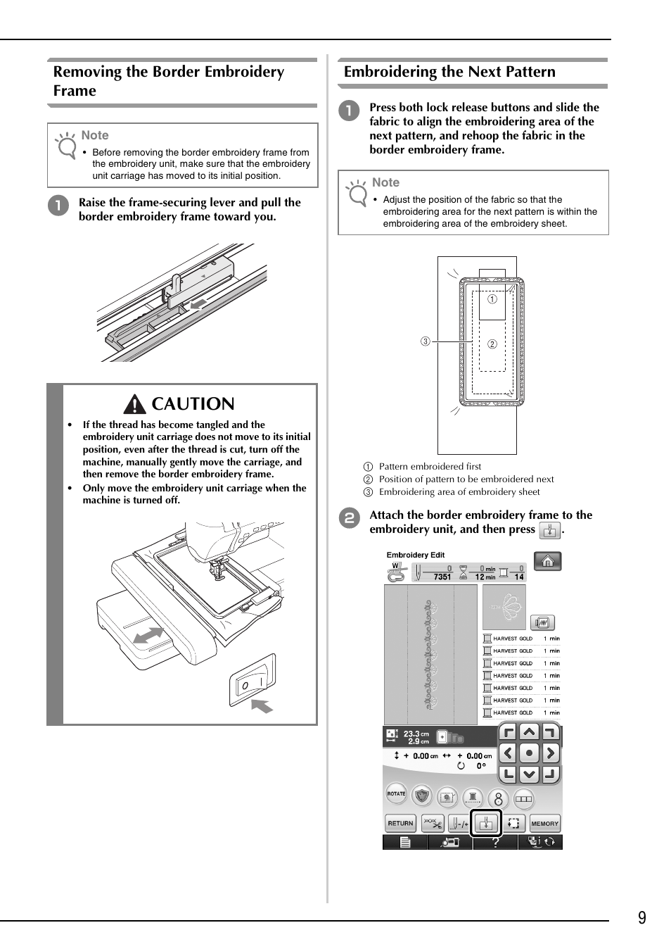 Removing the border embroidery frame, Embroidering the next pattern, Caution | Brother Innov-is 6000D User Manual | Page 10 / 37