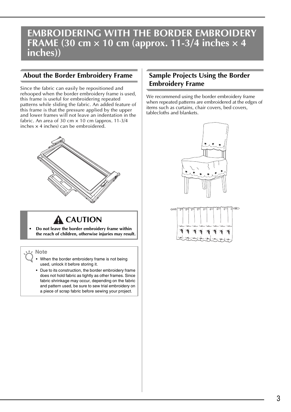 About the border embroidery frame, Sample projects using the border embroidery frame, Caution | Brother Innov-is 6000D User Manual | Page 4 / 37
