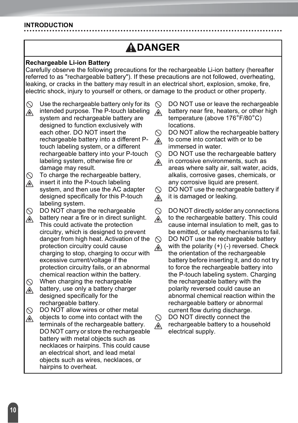 Danger | Brother PT-E550W User Manual | Page 10 / 50