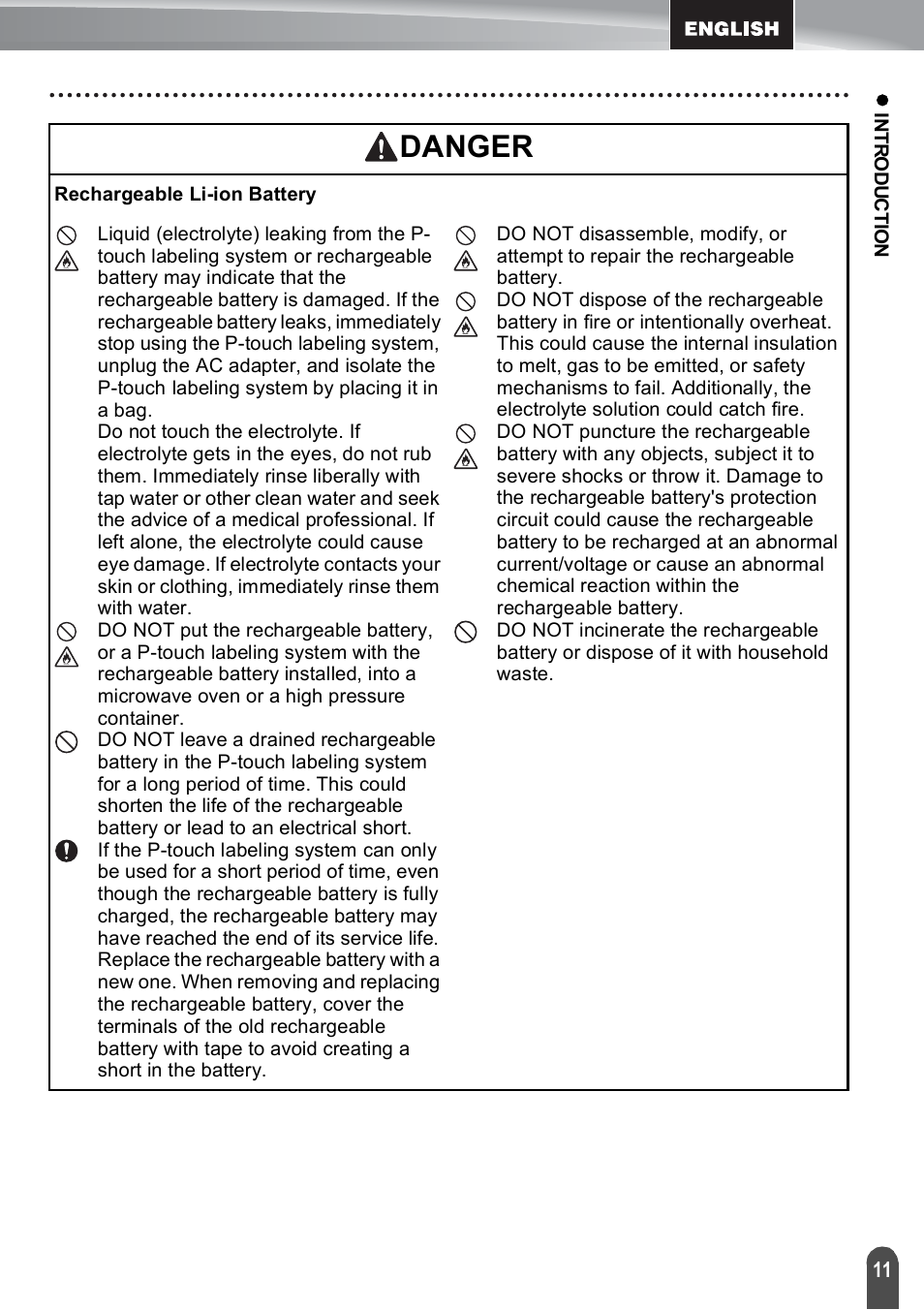 Danger | Brother PT-E550W User Manual | Page 11 / 50