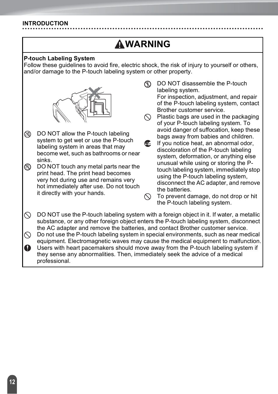 Warning | Brother PT-E550W User Manual | Page 12 / 50