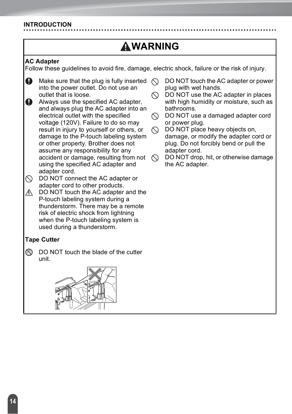 Warning | Brother PT-E550W User Manual | Page 14 / 50