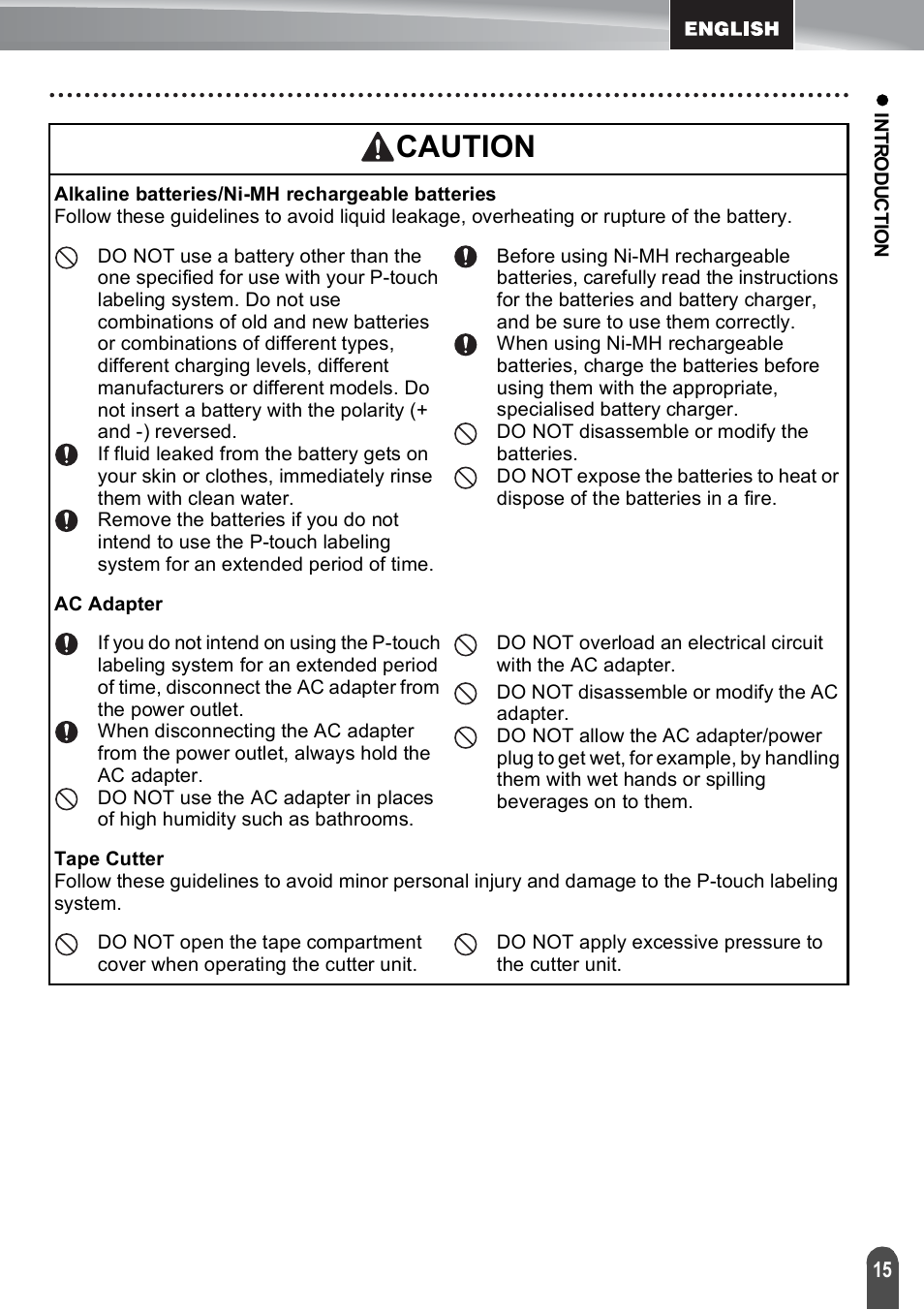 Caution | Brother PT-E550W User Manual | Page 15 / 50