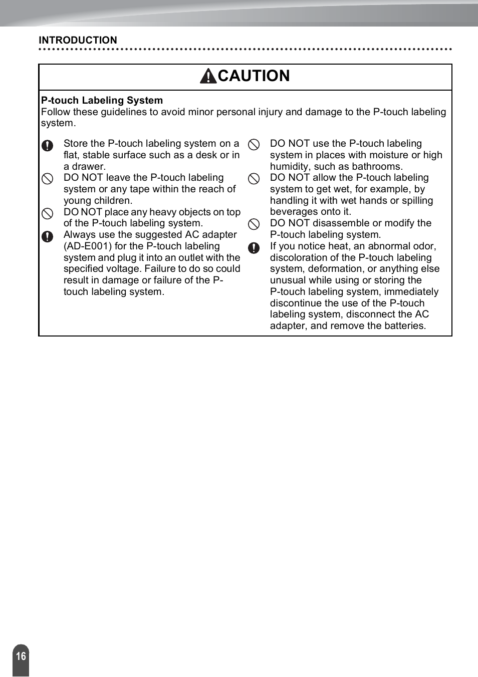 Caution | Brother PT-E550W User Manual | Page 16 / 50