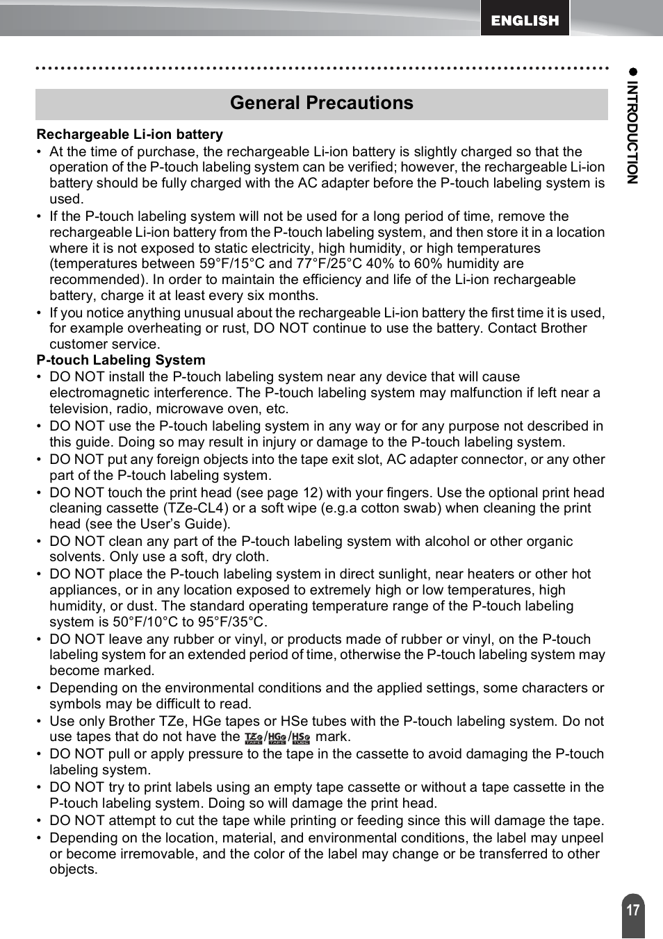 General precautions | Brother PT-E550W User Manual | Page 17 / 50