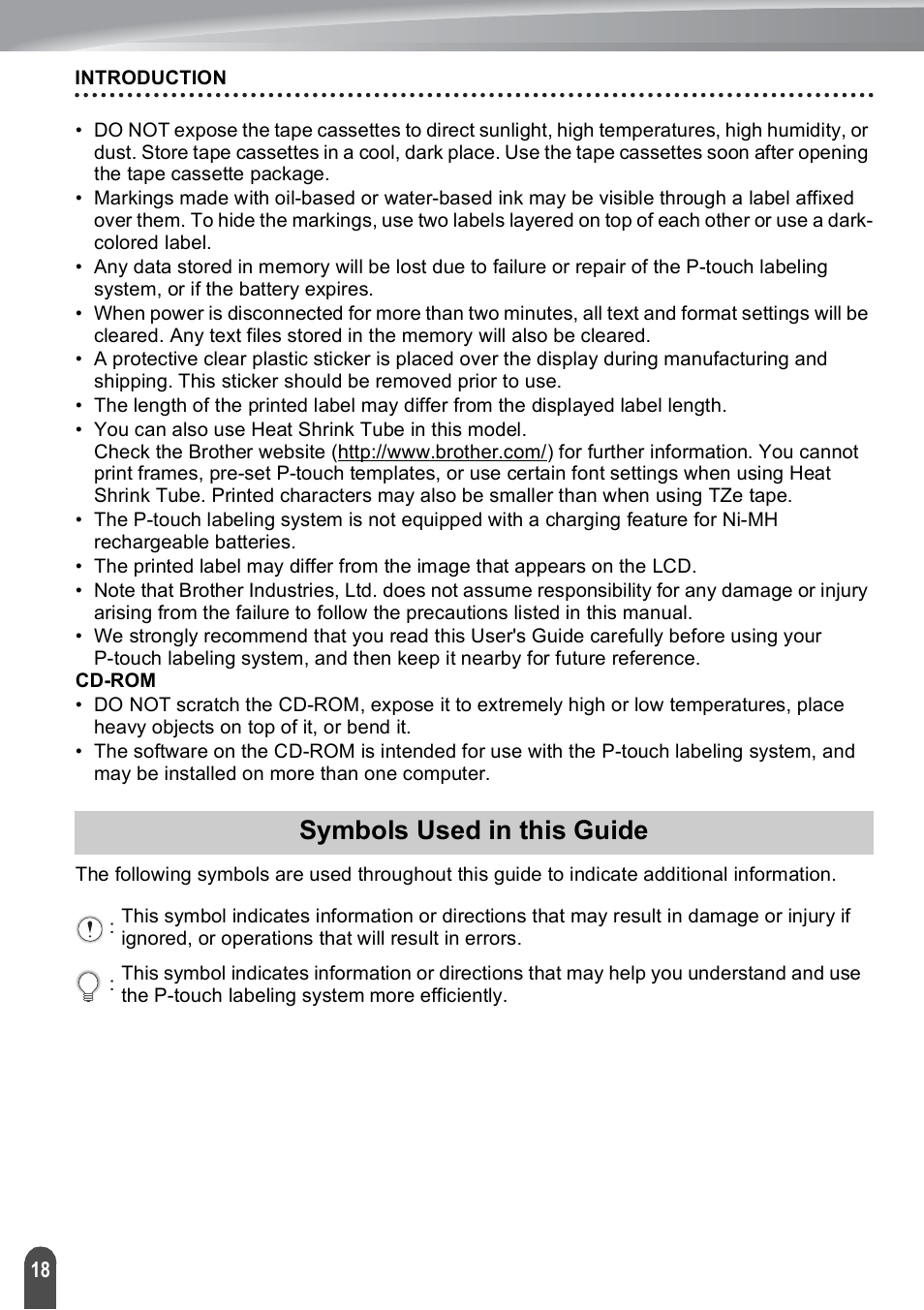 Symbols used in this guide | Brother PT-E550W User Manual | Page 18 / 50