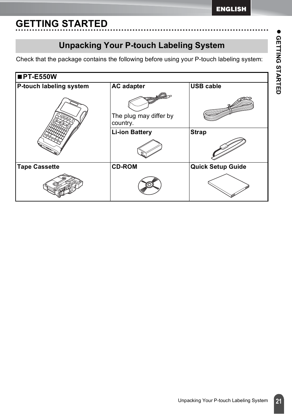 Getting started, Unpacking your p-touch labeling system | Brother PT-E550W User Manual | Page 21 / 50