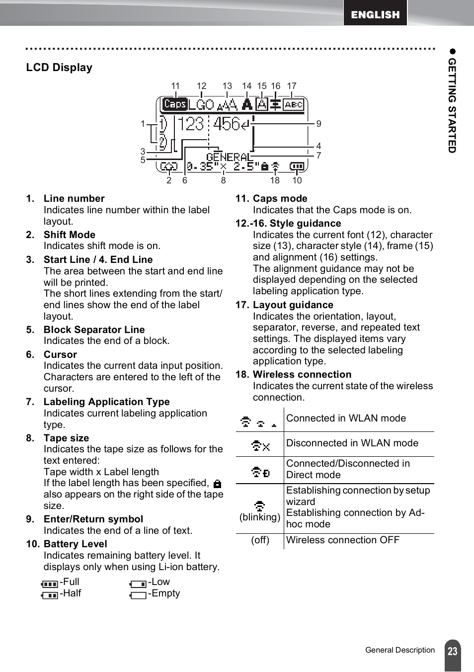 Lcd display | Brother PT-E550W User Manual | Page 23 / 50