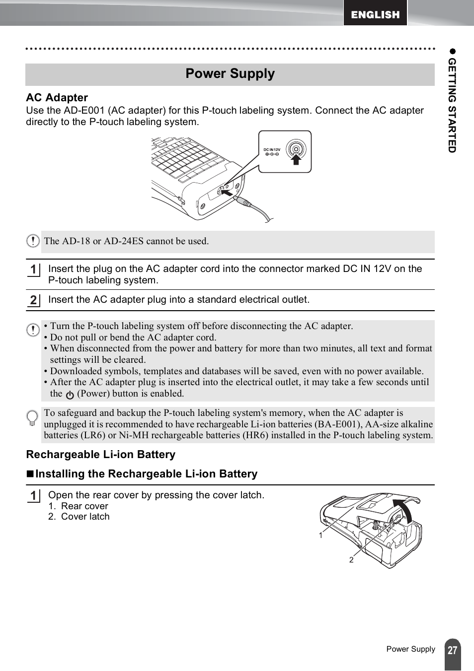 Power supply, Ac adapter, Rechargeable li-ion battery | Brother PT-E550W User Manual | Page 27 / 50