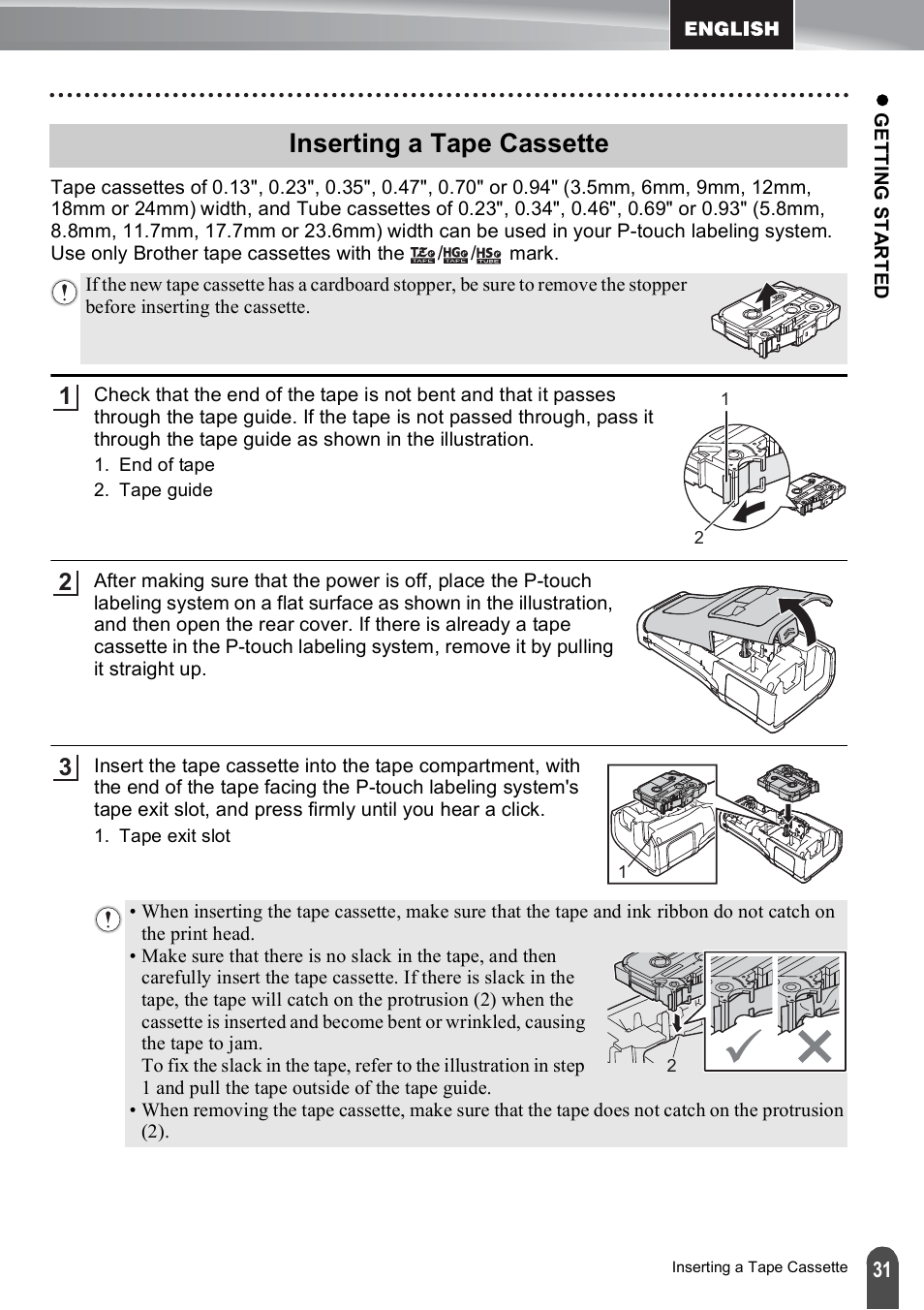 Inserting a tape cassette | Brother PT-E550W User Manual | Page 31 / 50