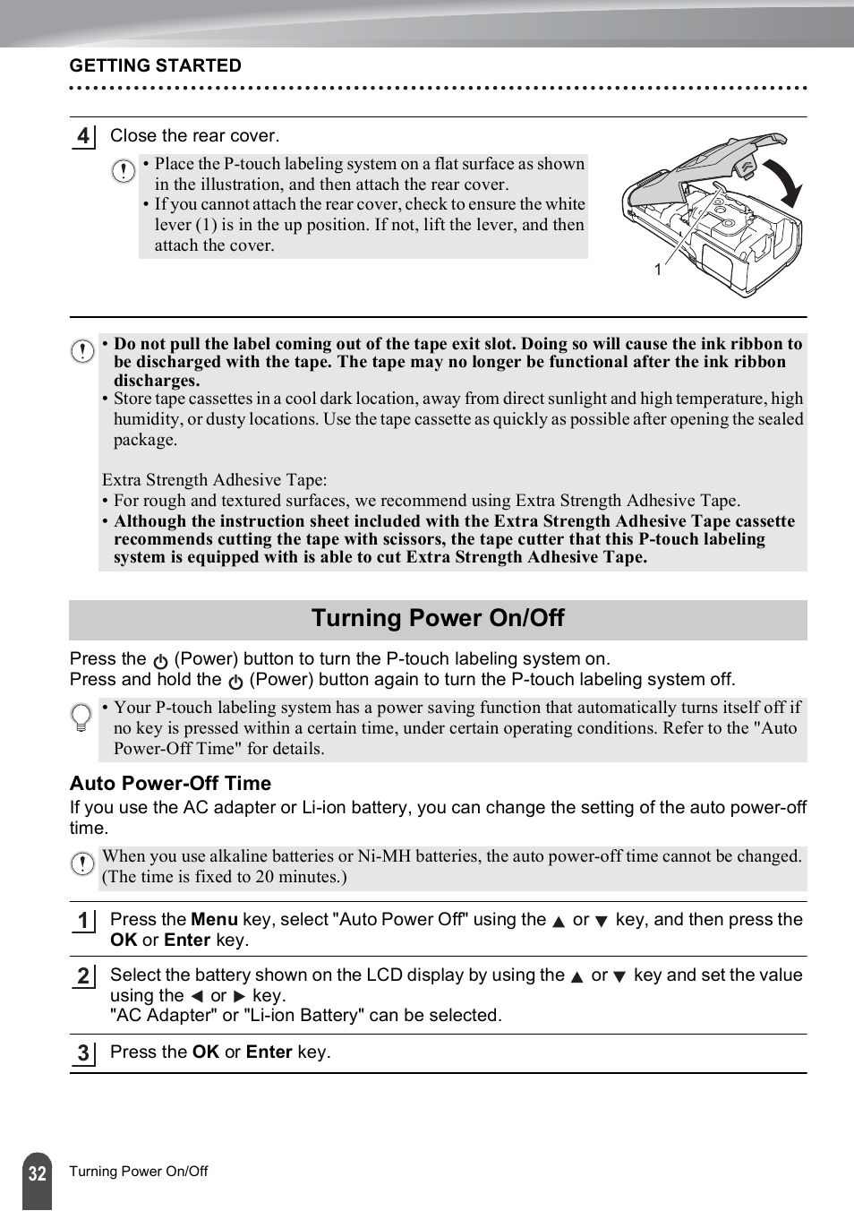 Turning power on/off, Auto power-off time | Brother PT-E550W User Manual | Page 32 / 50