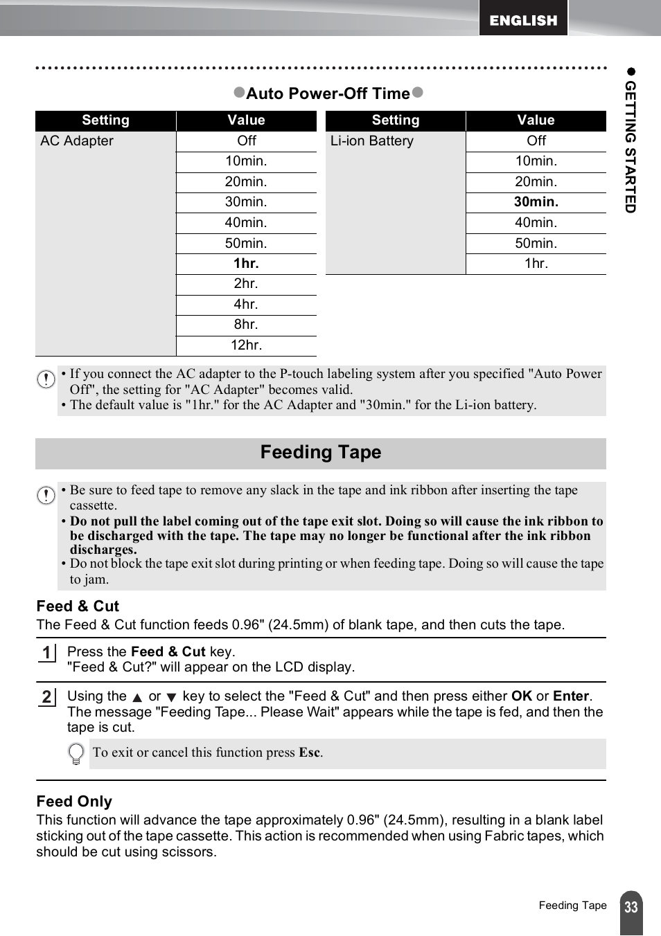 Feeding tape, Feed & cut, Feed only | Feed & cut feed only | Brother PT-E550W User Manual | Page 33 / 50