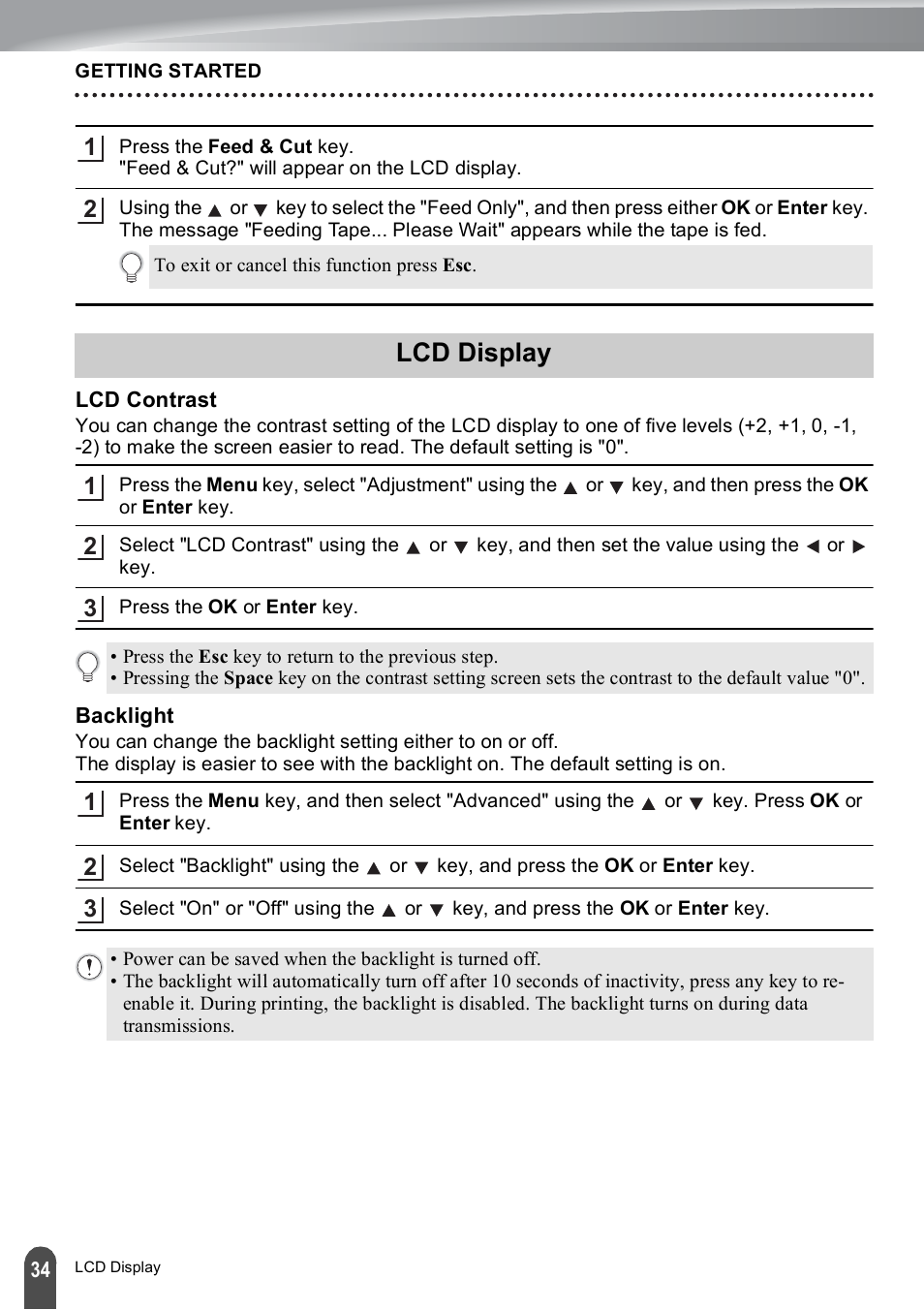 Lcd display, Lcd contrast, Backlight | Lcd contrast backlight | Brother PT-E550W User Manual | Page 34 / 50