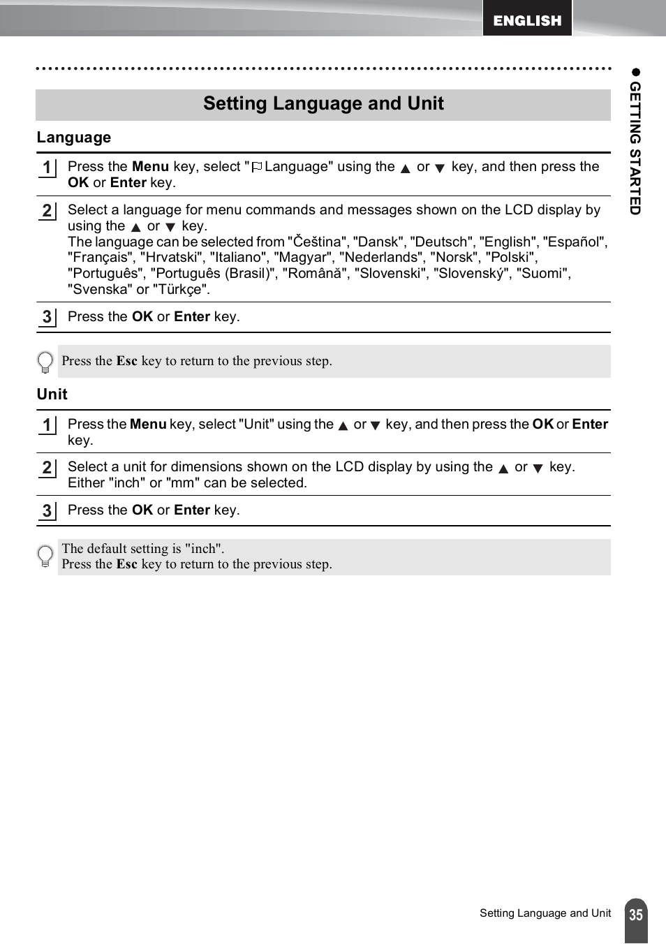 Setting language and unit, Language, Unit | Language unit | Brother PT-E550W User Manual | Page 35 / 50