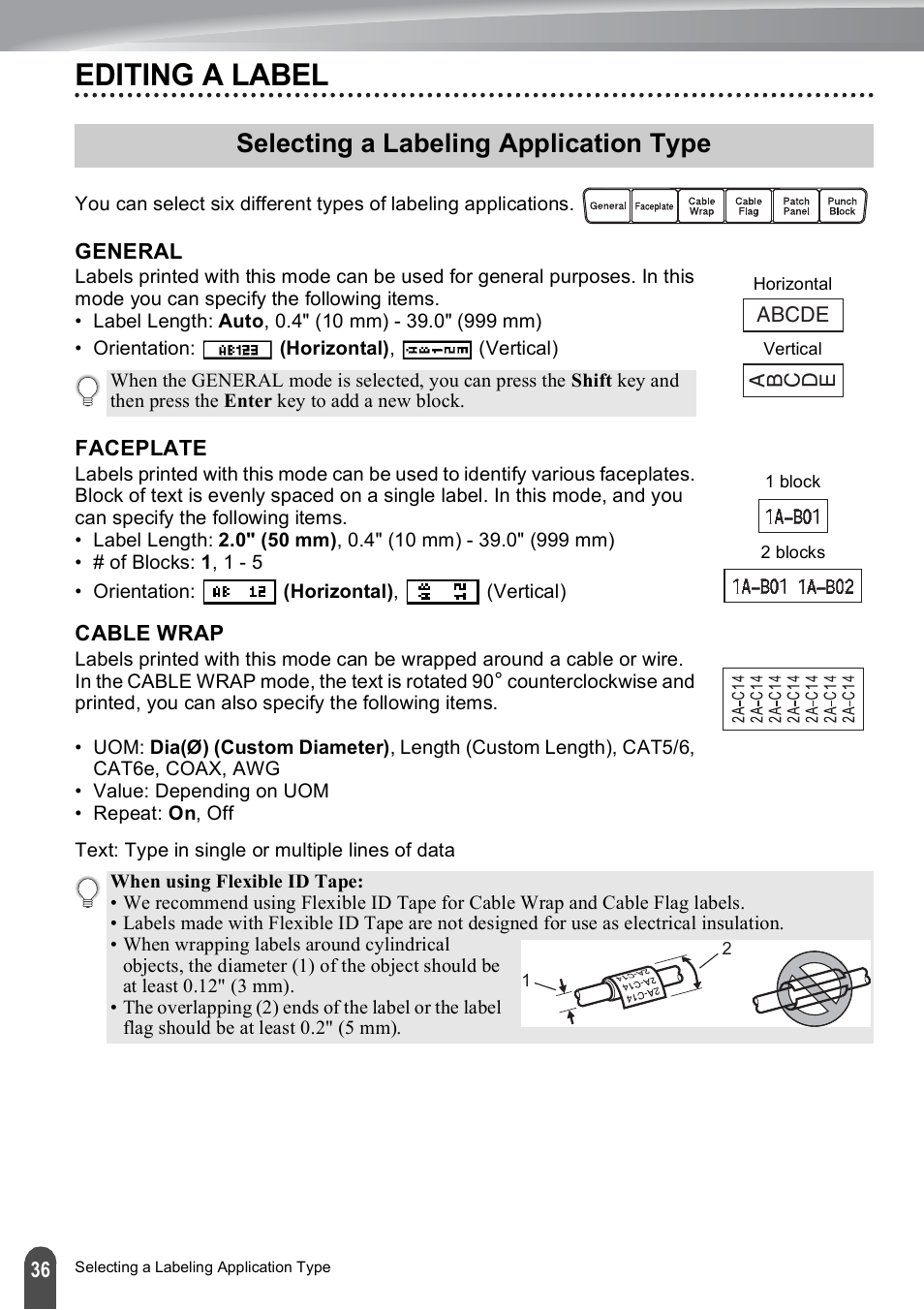 Editing a label, Selecting a labeling application type, General | Faceplate, Cable wrap, Faceplate cable wrap | Brother PT-E550W User Manual | Page 36 / 50