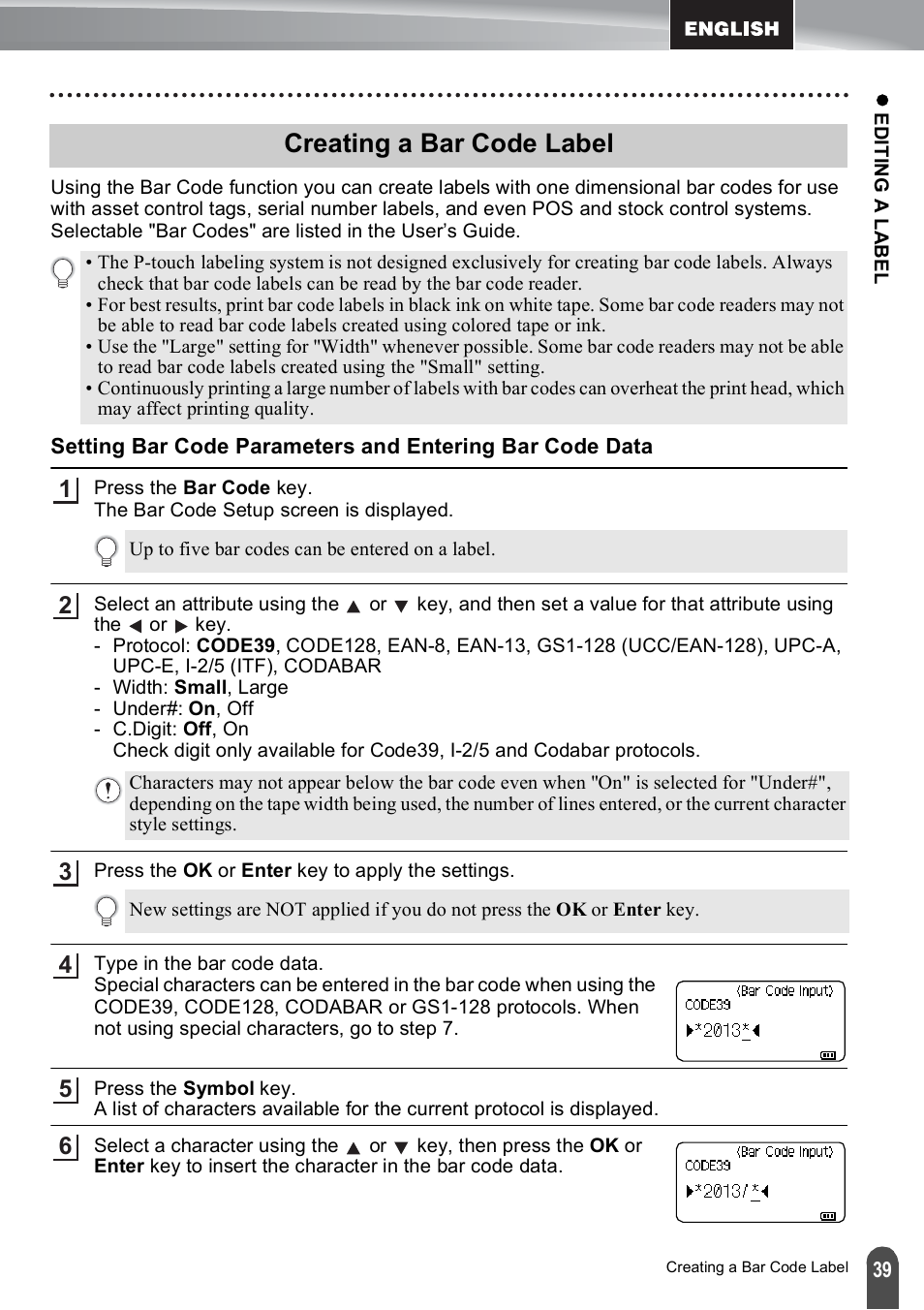 Creating a bar code label | Brother PT-E550W User Manual | Page 39 / 50