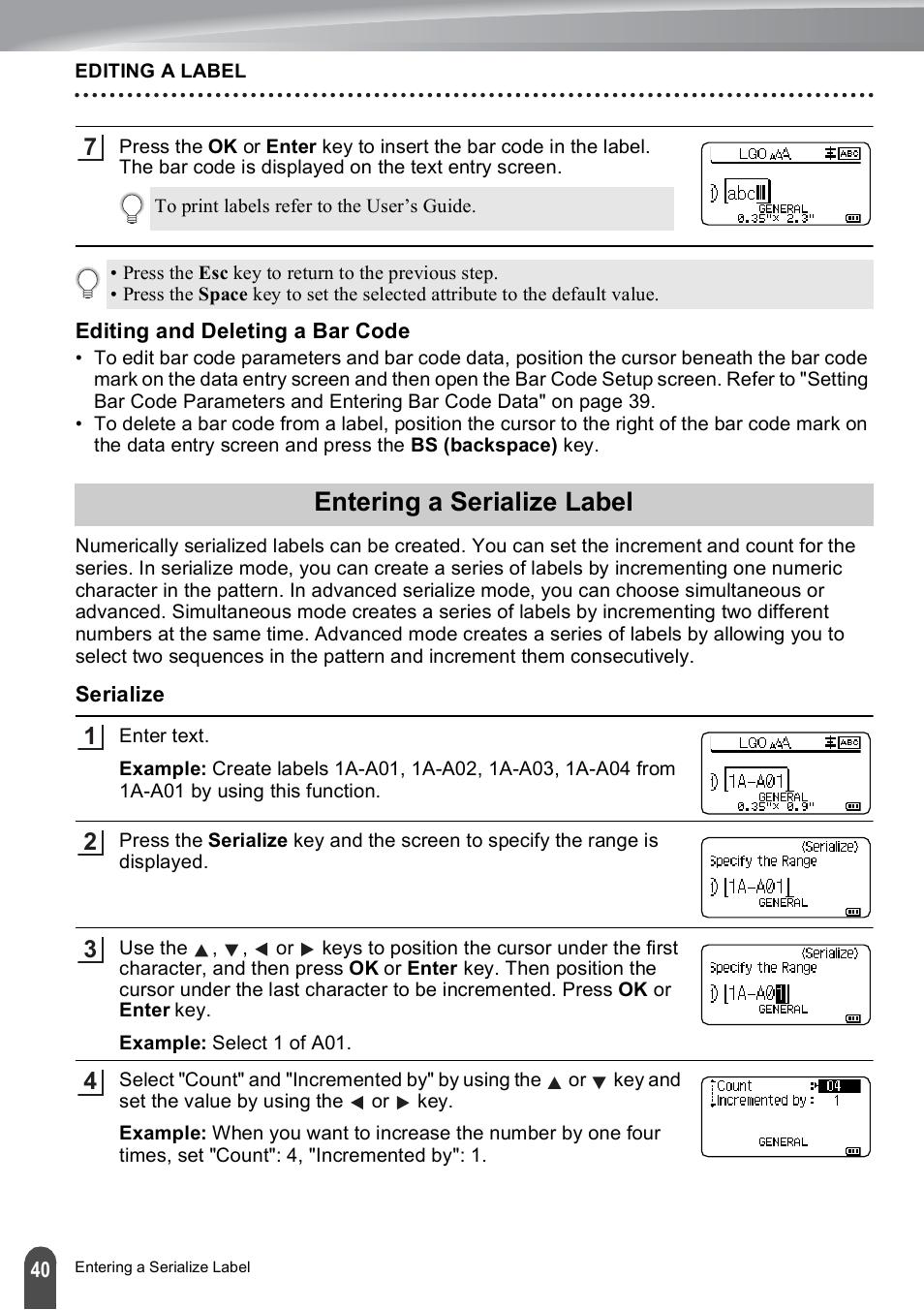 Editing and deleting a bar code, Entering a serialize label, Serialize | Brother PT-E550W User Manual | Page 40 / 50