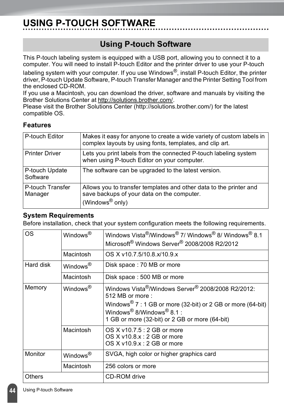 Using p-touch software, Features, System requirements | Features system requirements | Brother PT-E550W User Manual | Page 44 / 50