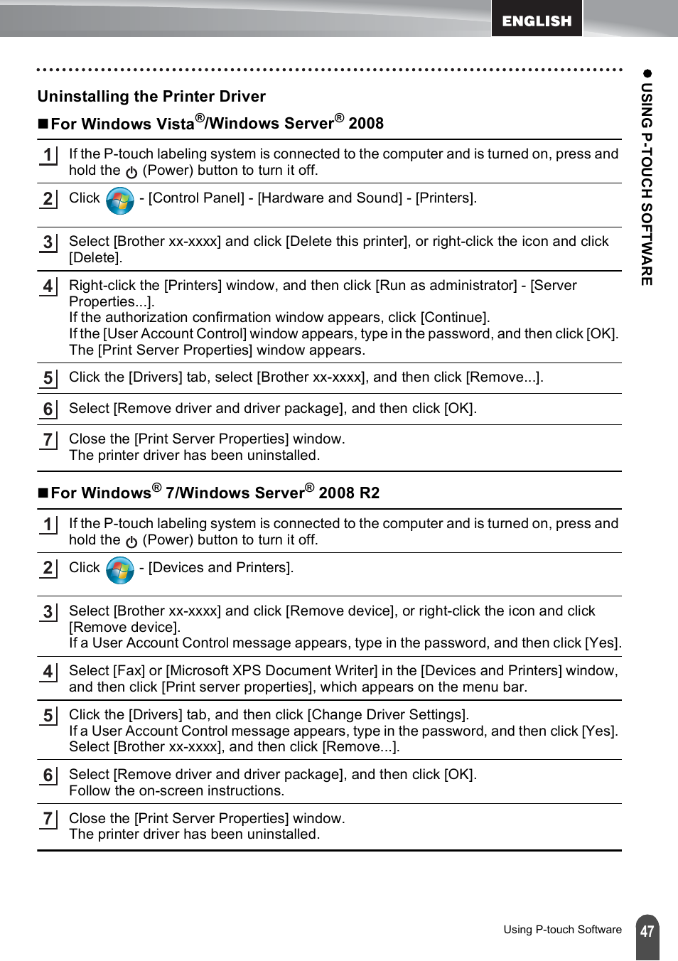 Uninstalling the printer driver | Brother PT-E550W User Manual | Page 47 / 50