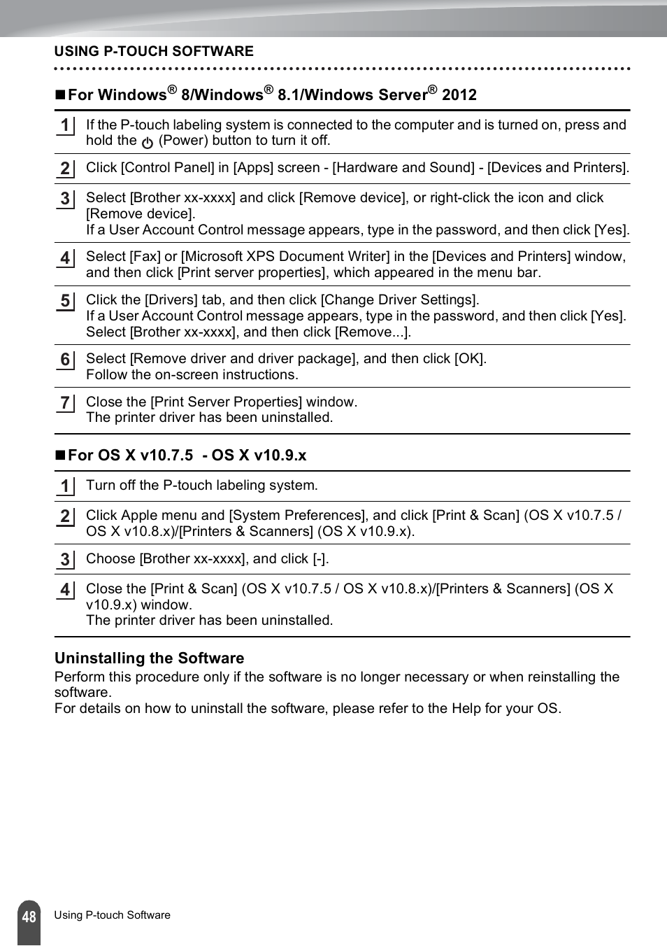 Uninstalling the software | Brother PT-E550W User Manual | Page 48 / 50