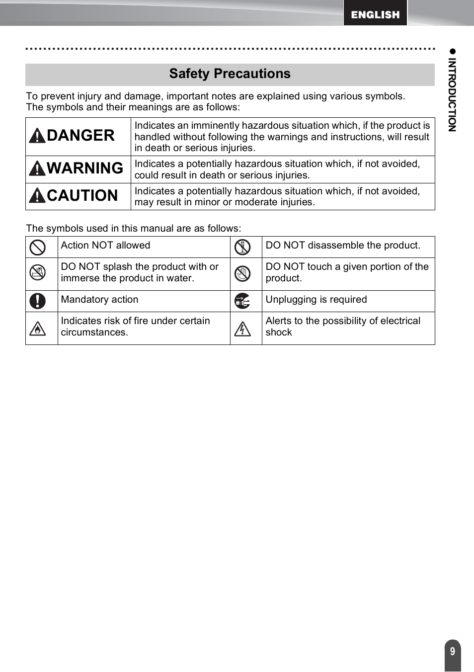 Danger, Warning, Caution | Safety precautions | Brother PT-E550W User Manual | Page 9 / 50