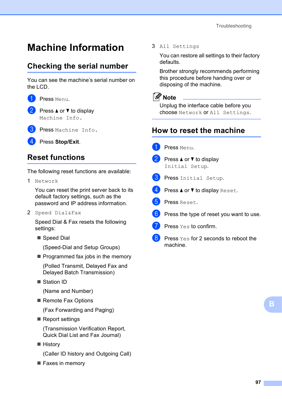 Machine information, Checking the serial number, Reset functions | How to reset the machine | Brother MFC-J835DW User Manual | Page 111 / 154