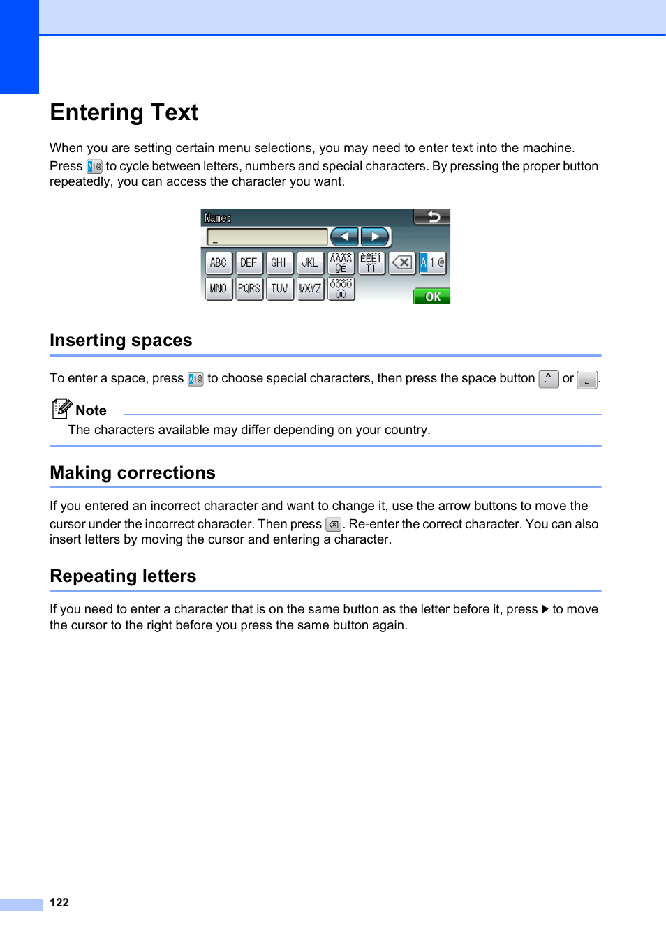 Entering text, Inserting spaces, Making corrections | Repeating letters | Brother MFC-J835DW User Manual | Page 136 / 154