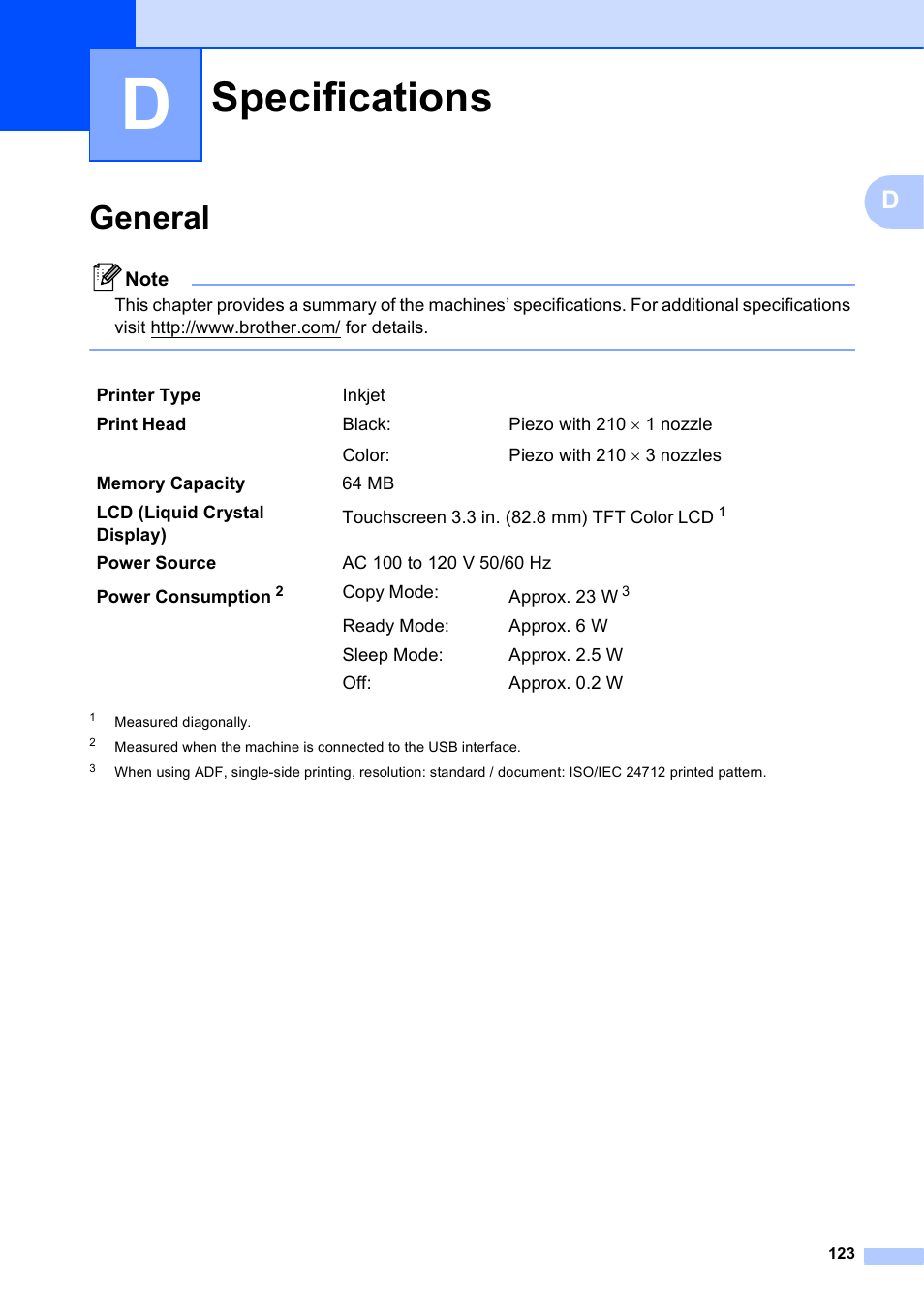 D specifications, General, Specifications | Brother MFC-J835DW User Manual | Page 137 / 154