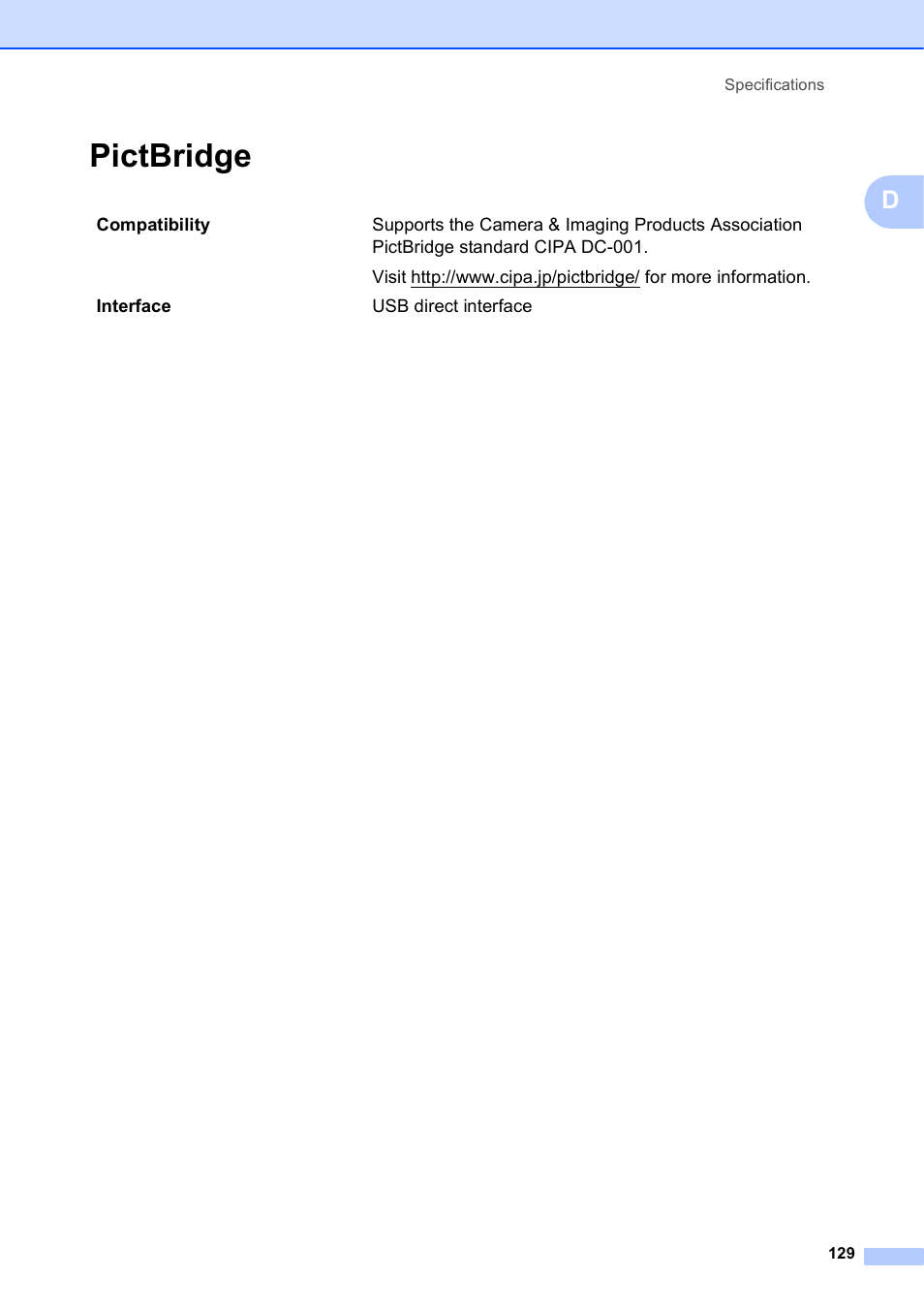 Pictbridge | Brother MFC-J835DW User Manual | Page 143 / 154
