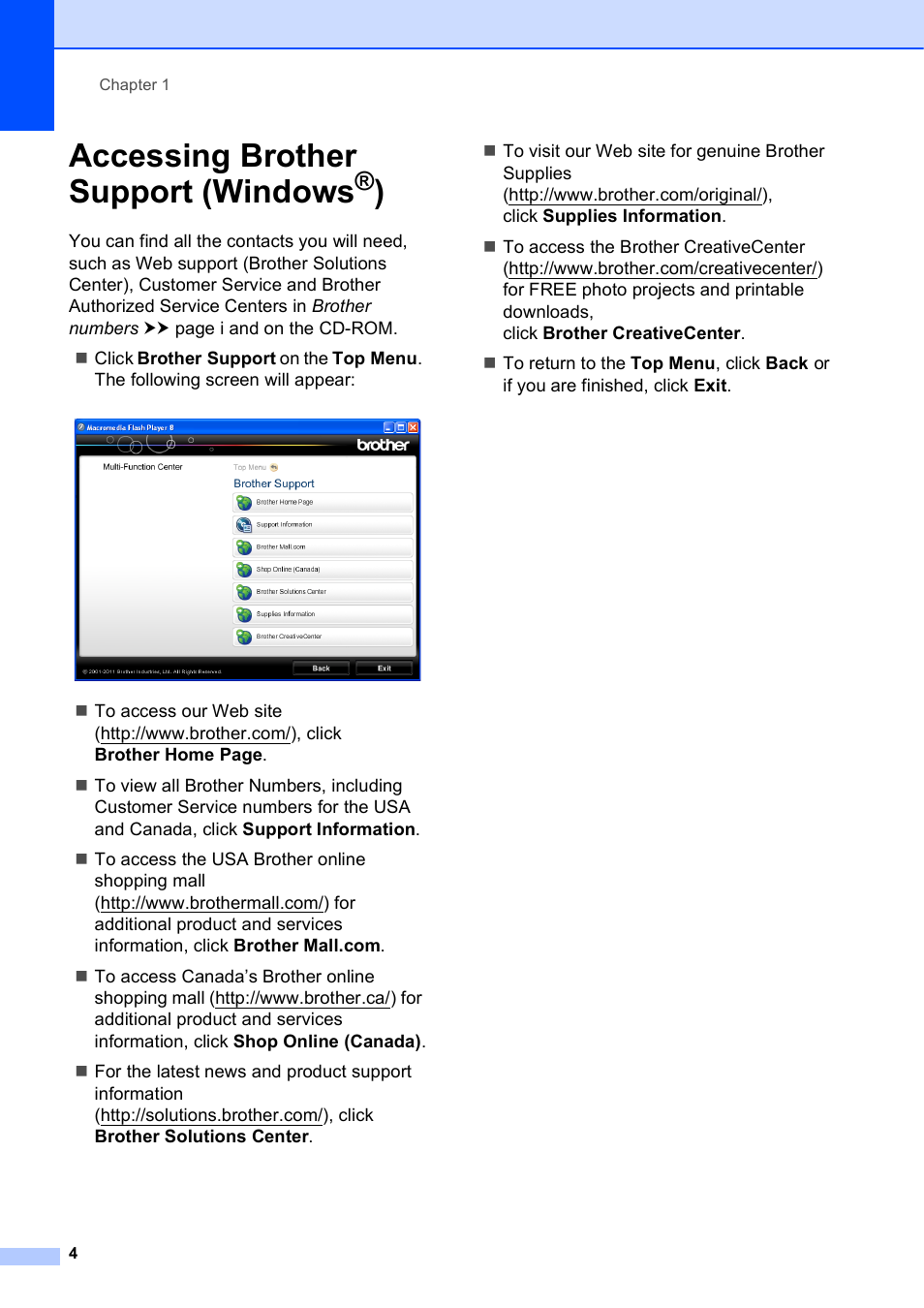 Accessing brother support (windows®), Accessing brother support (windows | Brother MFC-J835DW User Manual | Page 18 / 154