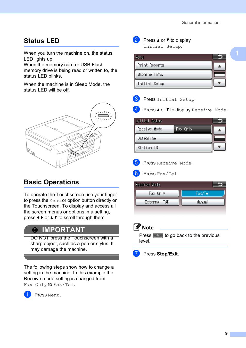 Status led, Basic operations, Status led basic operations | Important, 1status led | Brother MFC-J835DW User Manual | Page 23 / 154