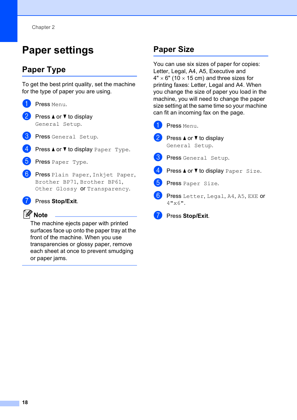 Paper settings, Paper type, Paper size | Paper type paper size | Brother MFC-J835DW User Manual | Page 32 / 154