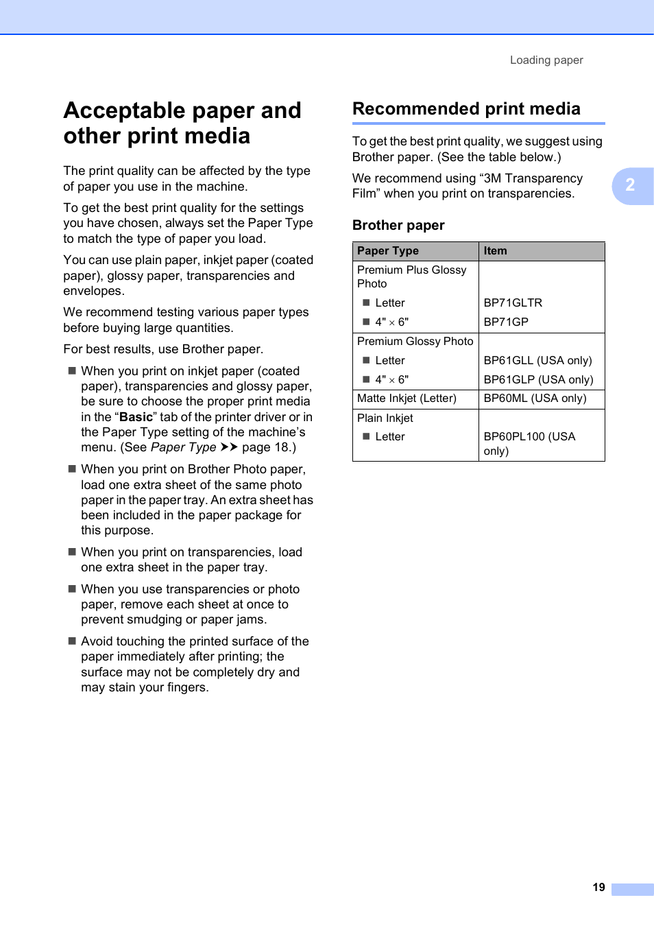 Acceptable paper and other print media, Recommended print media | Brother MFC-J835DW User Manual | Page 33 / 154