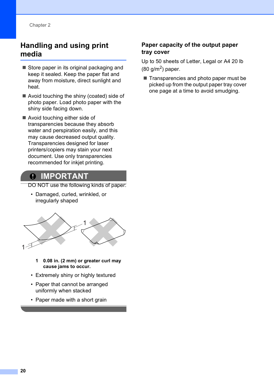 Handling and using print media, Paper capacity of the output paper tray cover, Important | Brother MFC-J835DW User Manual | Page 34 / 154