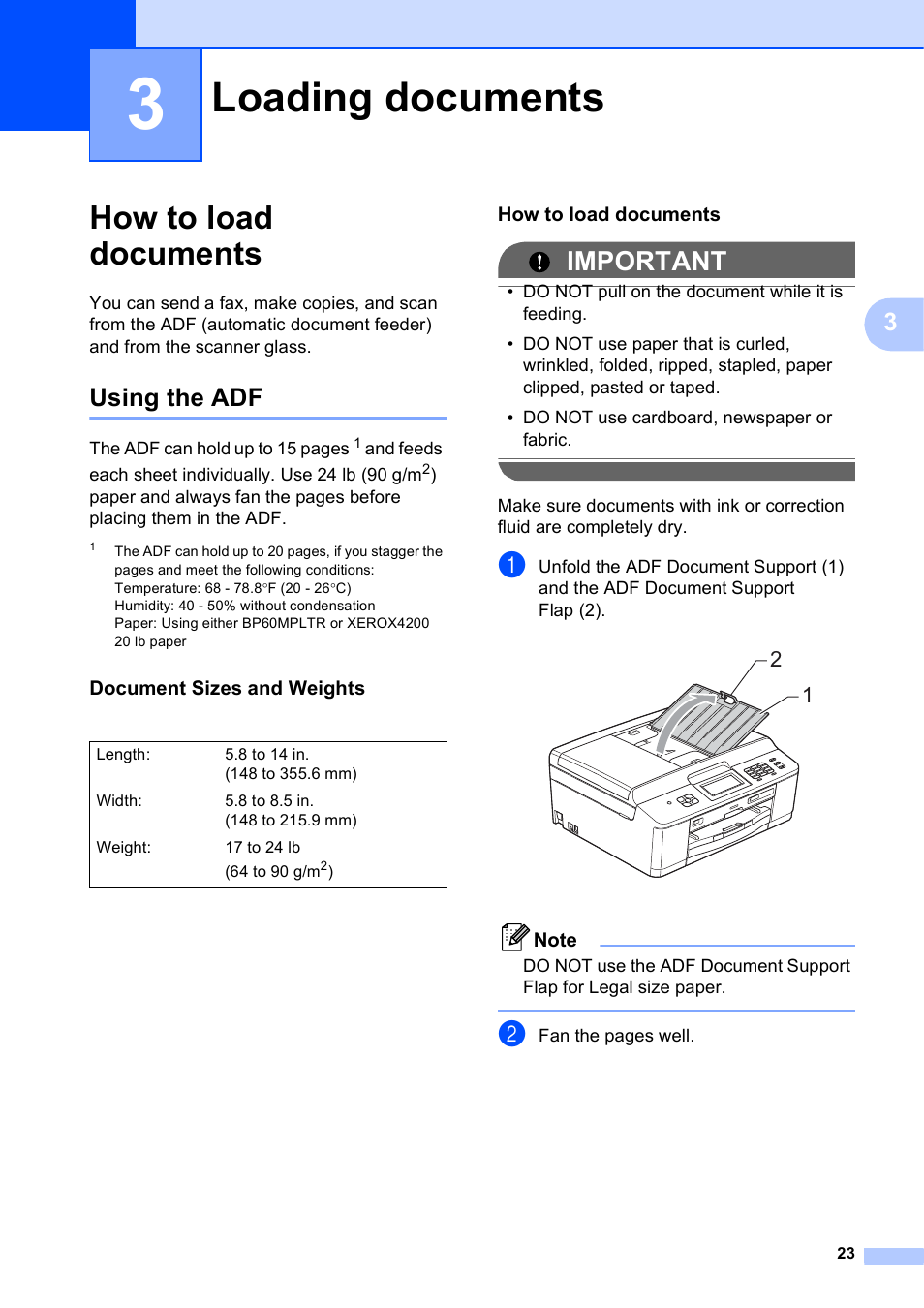 3 loading documents, How to load documents, Using the adf | Document sizes and weights, Loading documents, Important | Brother MFC-J835DW User Manual | Page 37 / 154