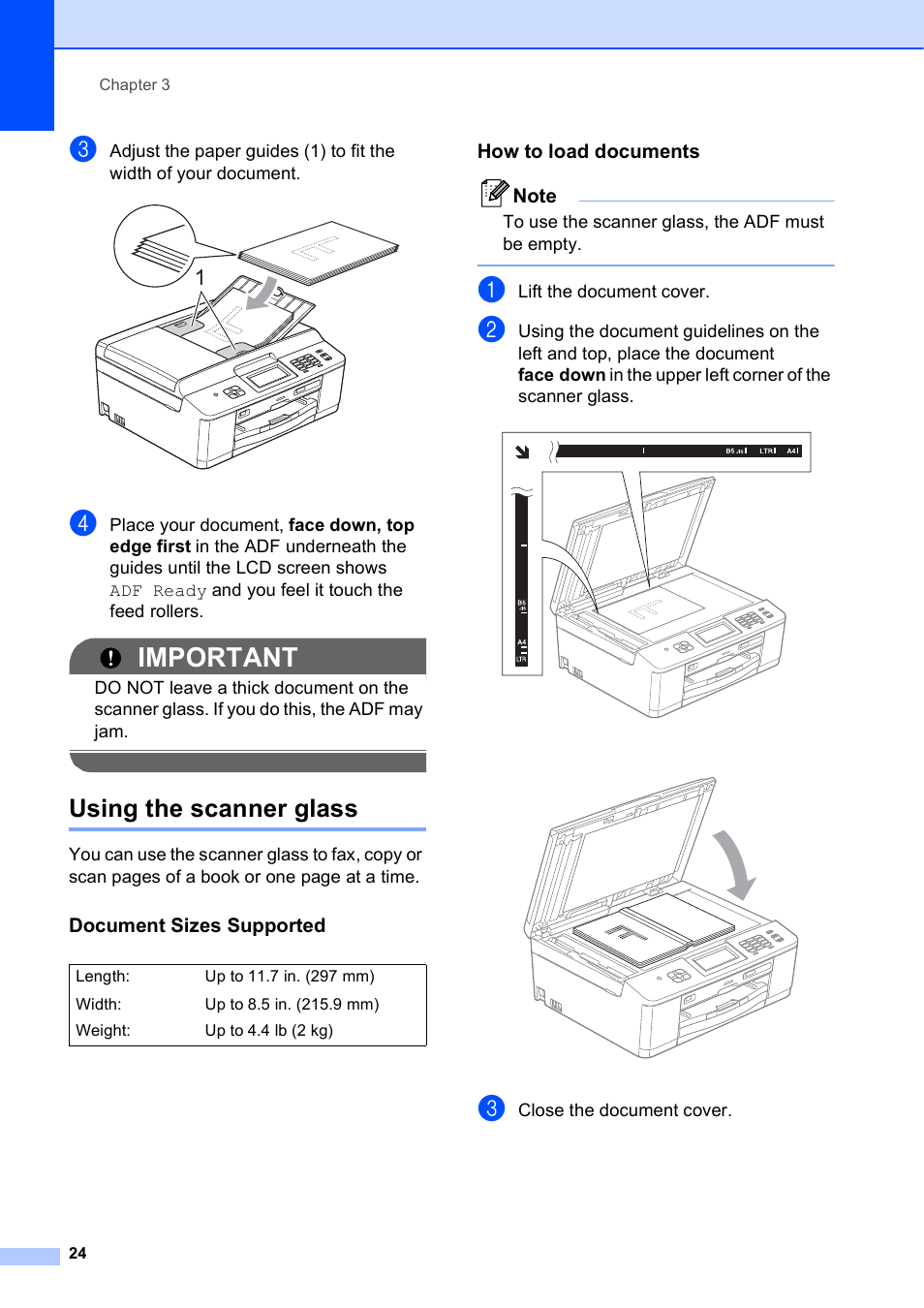 Using the scanner glass, Document sizes supported, How to load documents | Important | Brother MFC-J835DW User Manual | Page 38 / 154