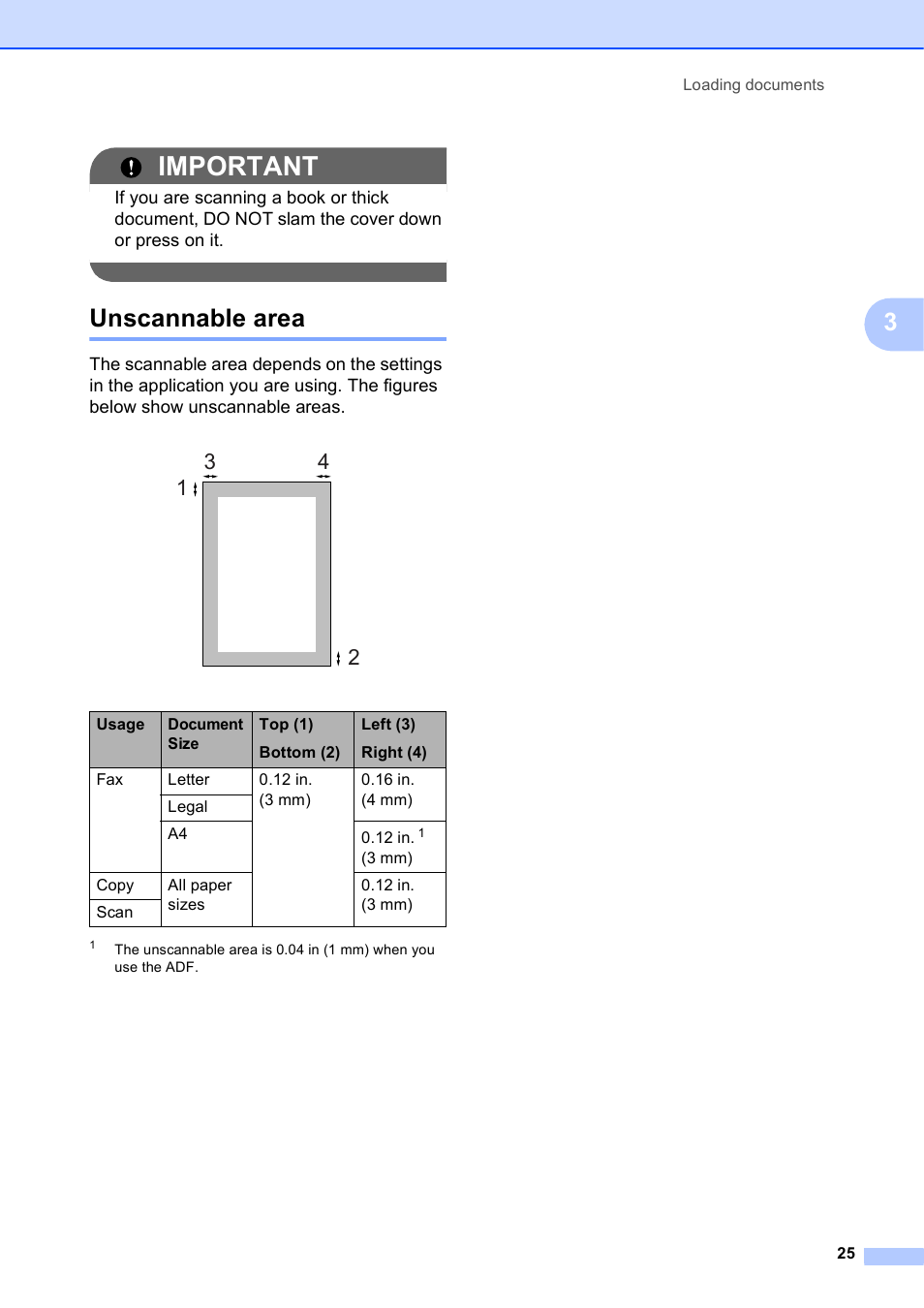 Unscannable area, Important | Brother MFC-J835DW User Manual | Page 39 / 154