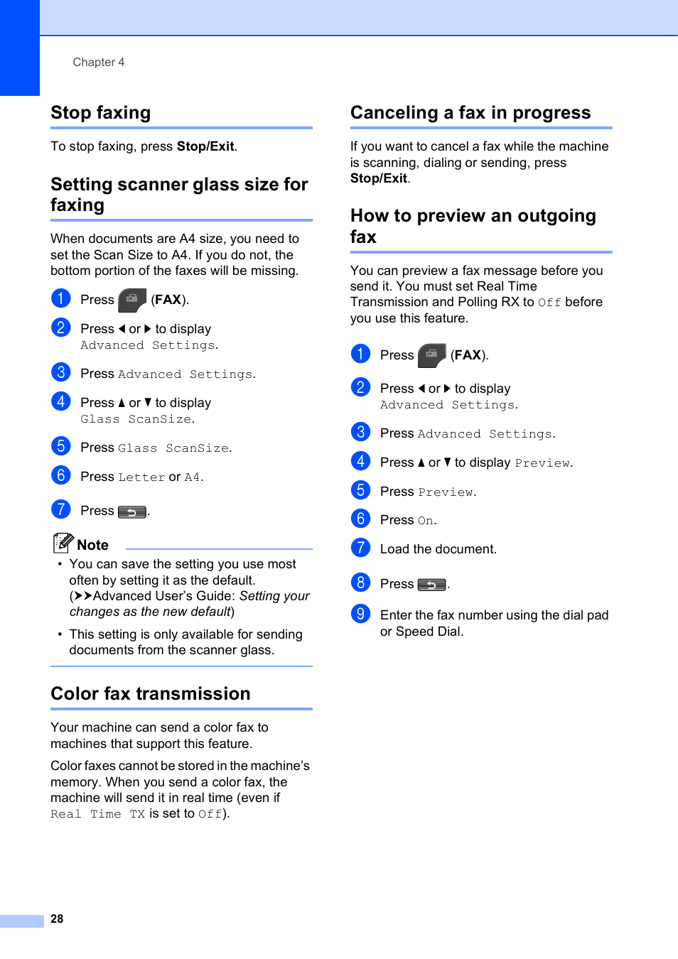 Stop faxing, Setting scanner glass size for faxing, Color fax transmission | Canceling a fax in progress, How to preview an outgoing fax, How to preview an outgoing fax uu | Brother MFC-J835DW User Manual | Page 42 / 154