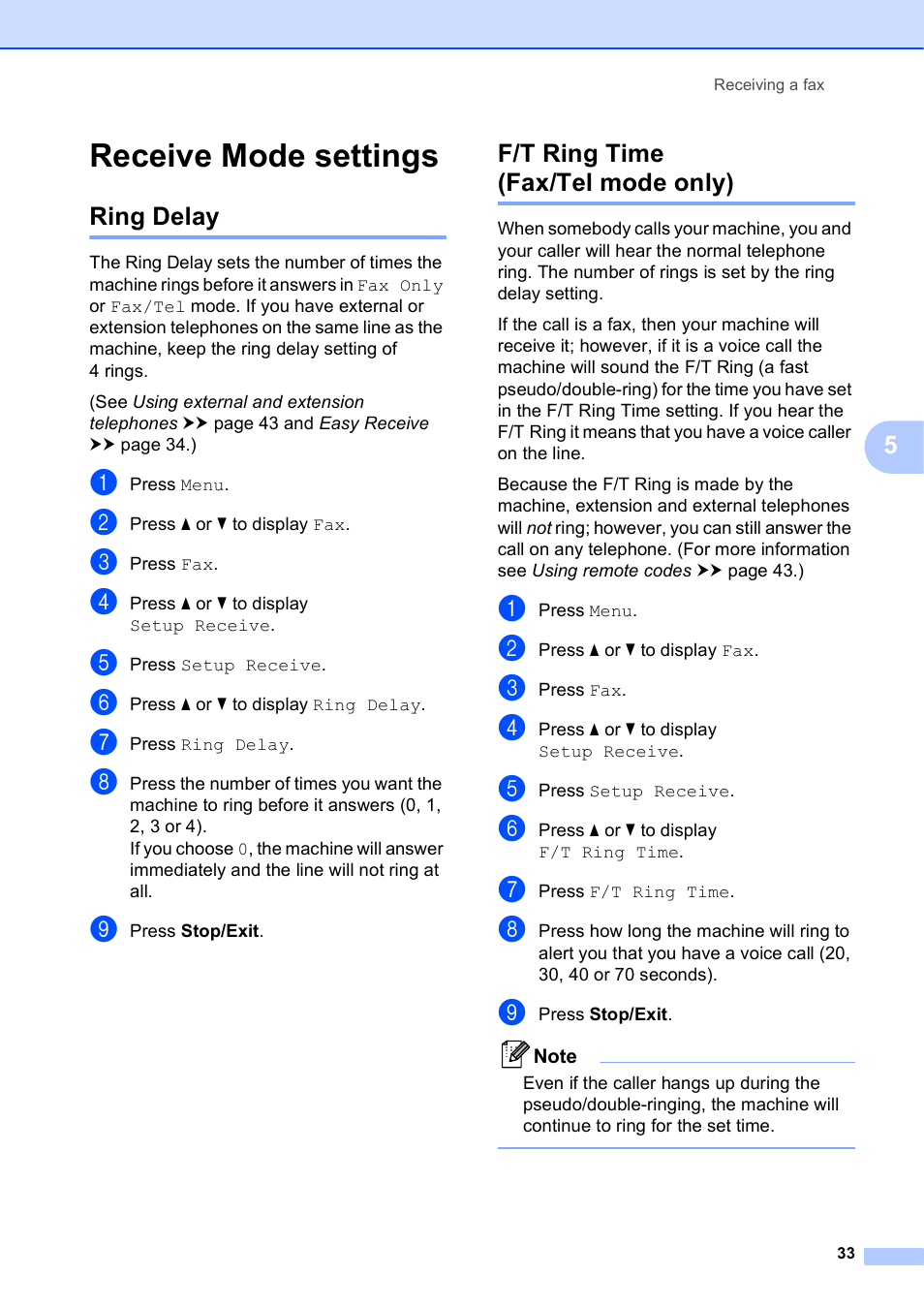 Receive mode settings, Ring delay, F/t ring time (fax/tel mode only) | Ring delay f/t ring time (fax/tel mode only), F/t ring time (fax/tel mode only) uu | Brother MFC-J835DW User Manual | Page 47 / 154