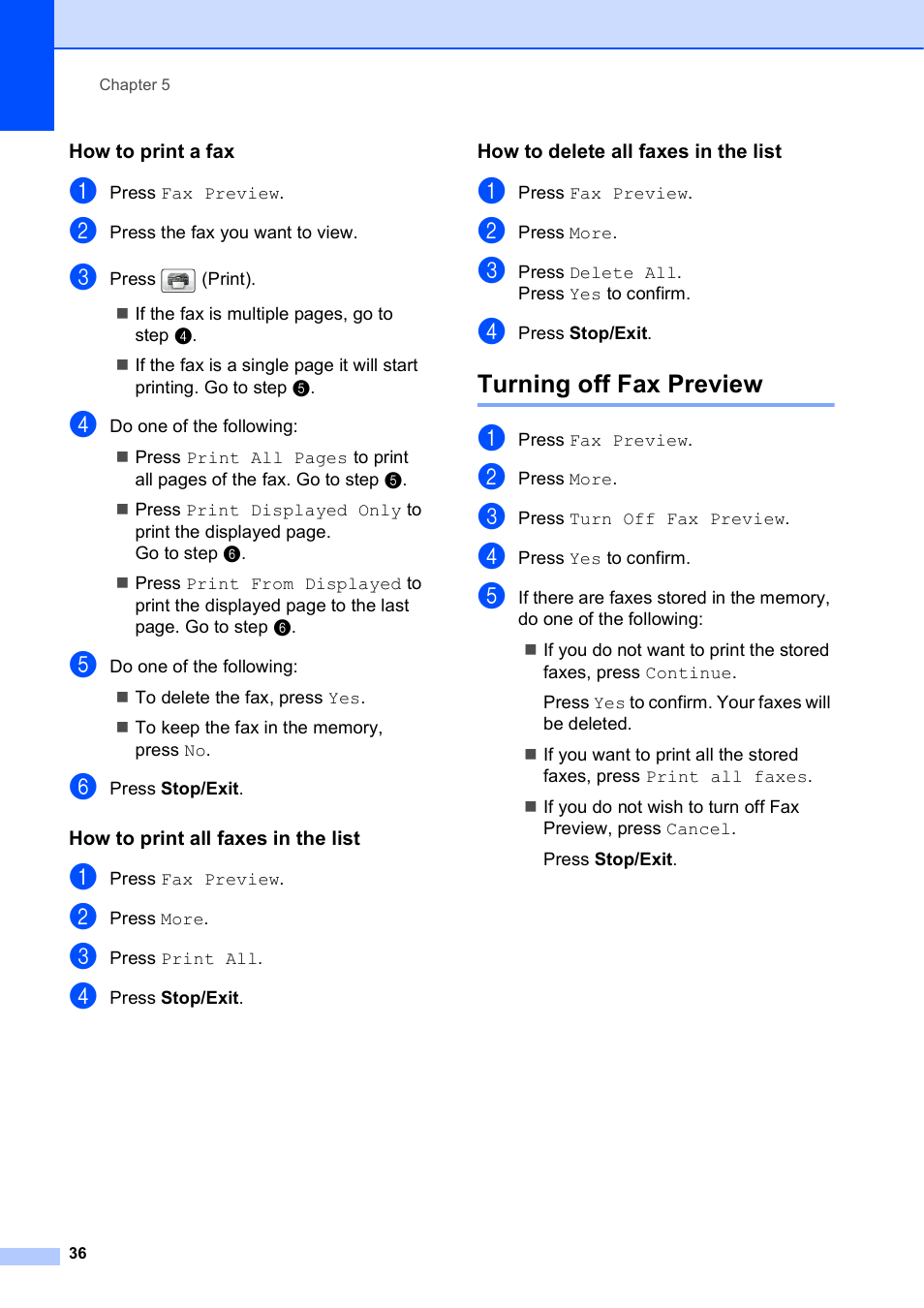 How to print a fax, How to print all faxes in the list, How to delete all faxes in the list | Turning off fax preview | Brother MFC-J835DW User Manual | Page 50 / 154