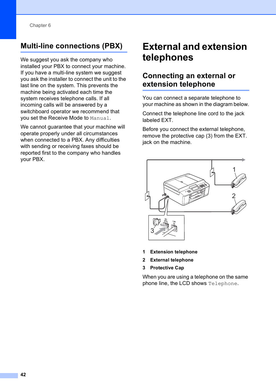 Multi-line connections (pbx), External and extension telephones, Connecting an external or extension telephone | Brother MFC-J835DW User Manual | Page 56 / 154