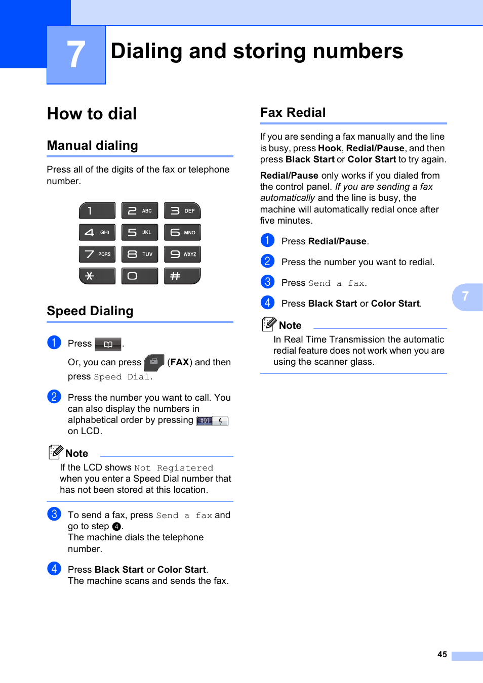 7 dialing and storing numbers, How to dial, Manual dialing | Speed dialing, Fax redial, Dialing and storing numbers, Manual dialing speed dialing fax redial | Brother MFC-J835DW User Manual | Page 59 / 154