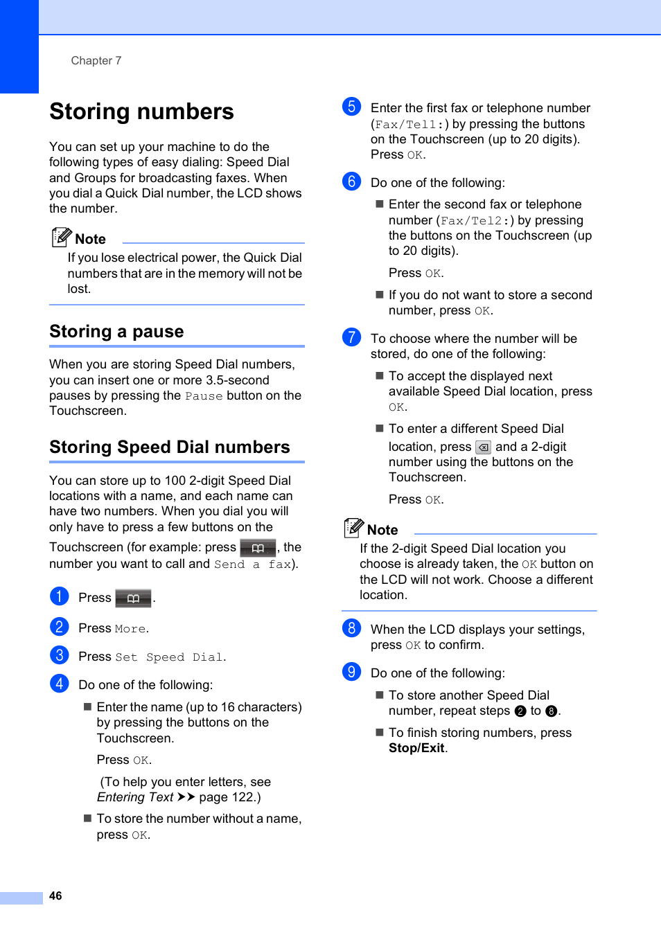 Storing numbers, Storing a pause, Storing speed dial numbers | Storing a pause storing speed dial numbers | Brother MFC-J835DW User Manual | Page 60 / 154