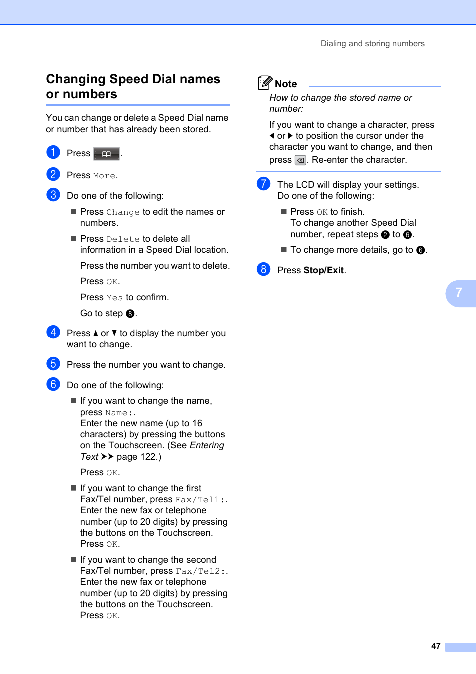 Changing speed dial names or numbers, 7changing speed dial names or numbers | Brother MFC-J835DW User Manual | Page 61 / 154